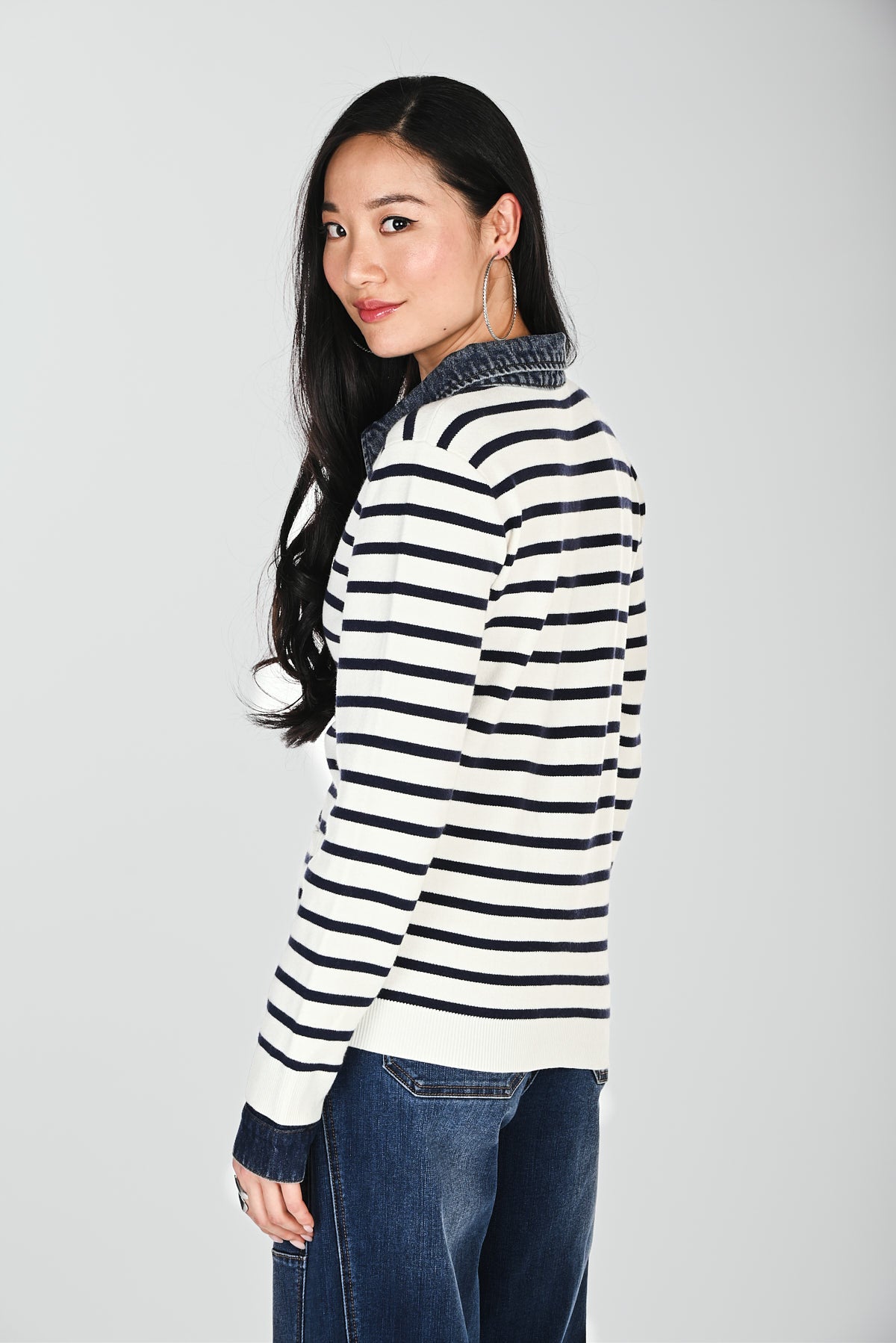 Striped & Denim Trim Button Front Sweater. Style FL264855