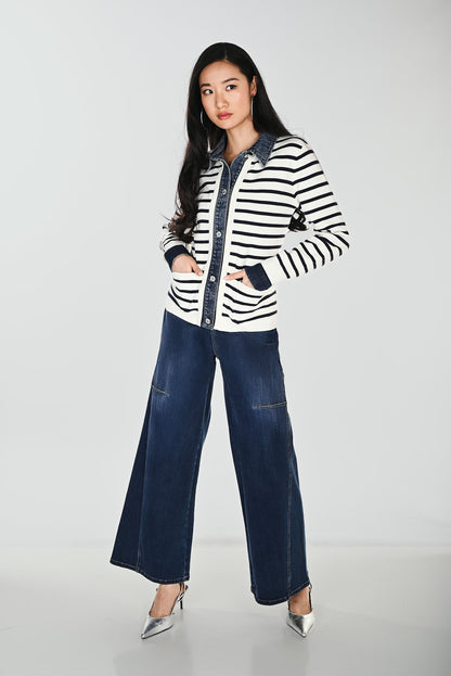 Striped & Denim Trim Button Front Sweater. Style FL264855