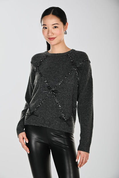 Black Bows Knitted Crew Neck Long Sleeve Sweater. Style FL264871