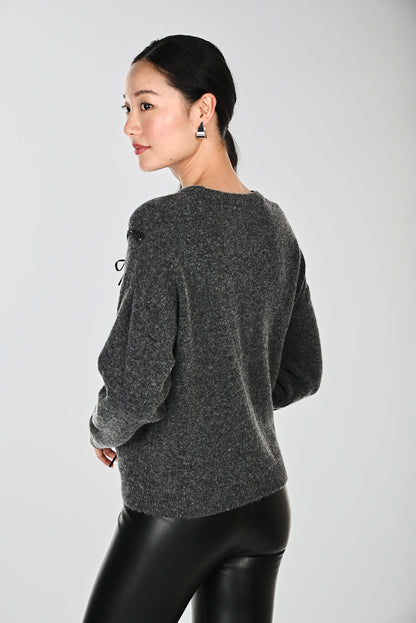Black Bows Knitted Crew Neck Long Sleeve Sweater. Style FL264871