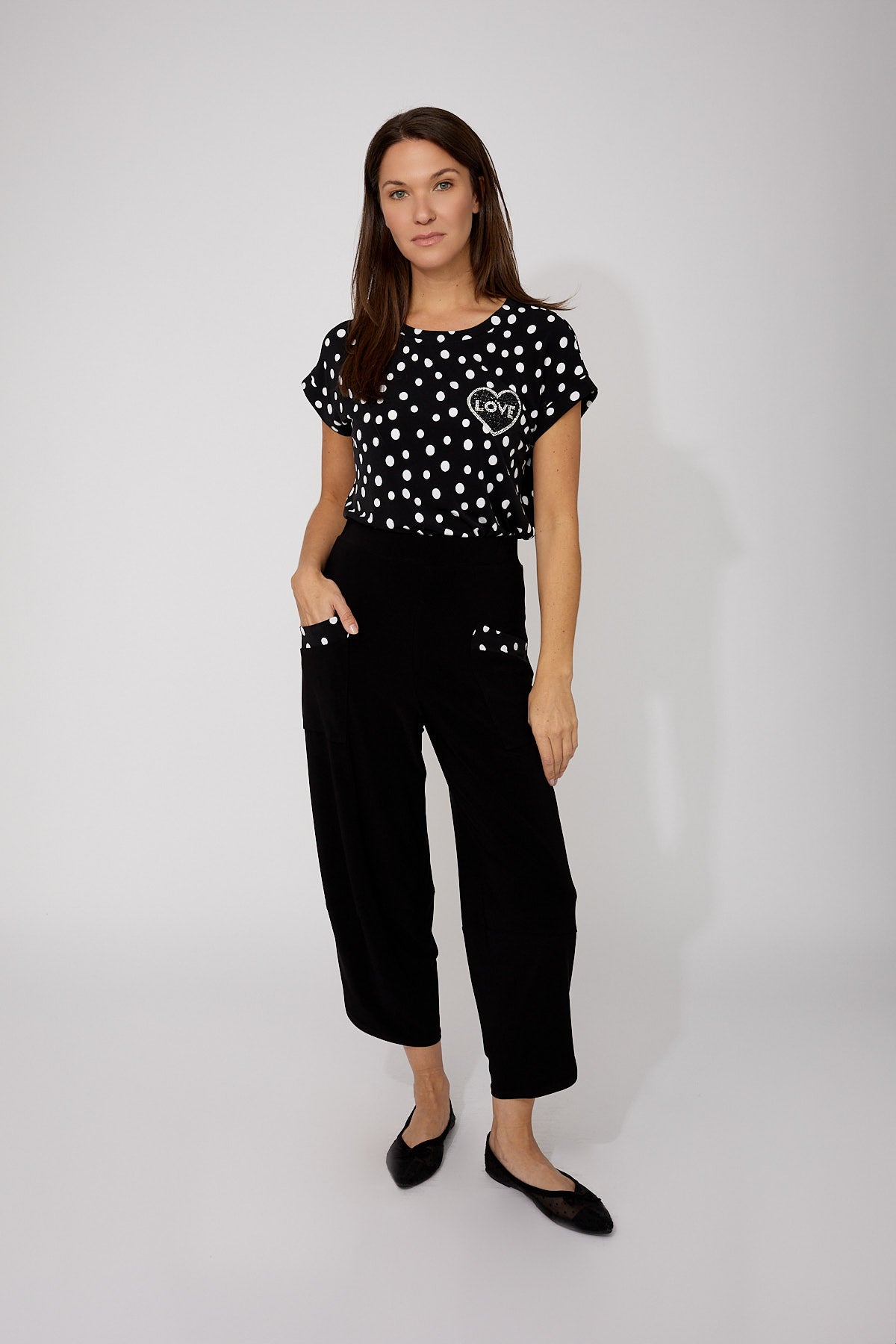 Polka Dot Rhinestone "Love" Heart Detail Top. Style FL266102