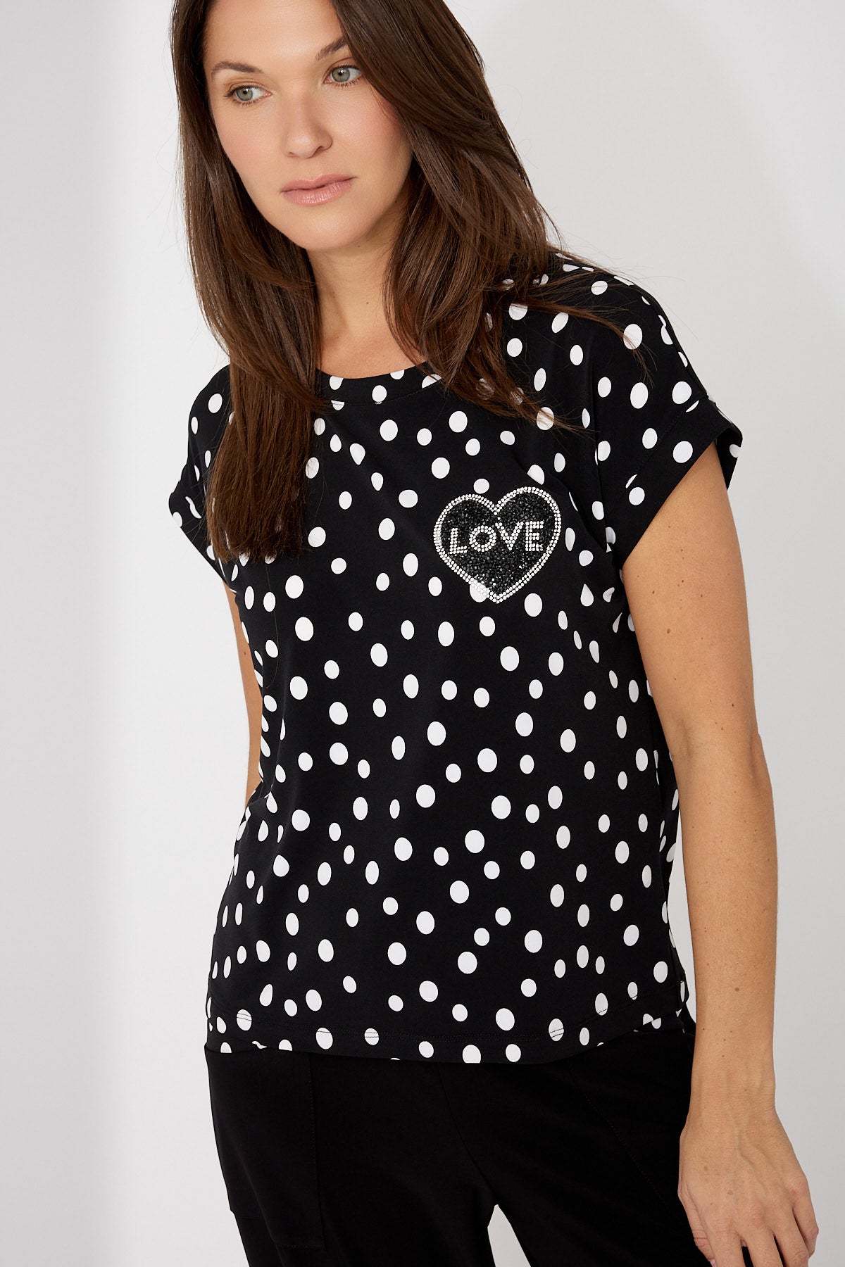 Polka Dot Rhinestone "Love" Heart Detail Top. Style FL266102