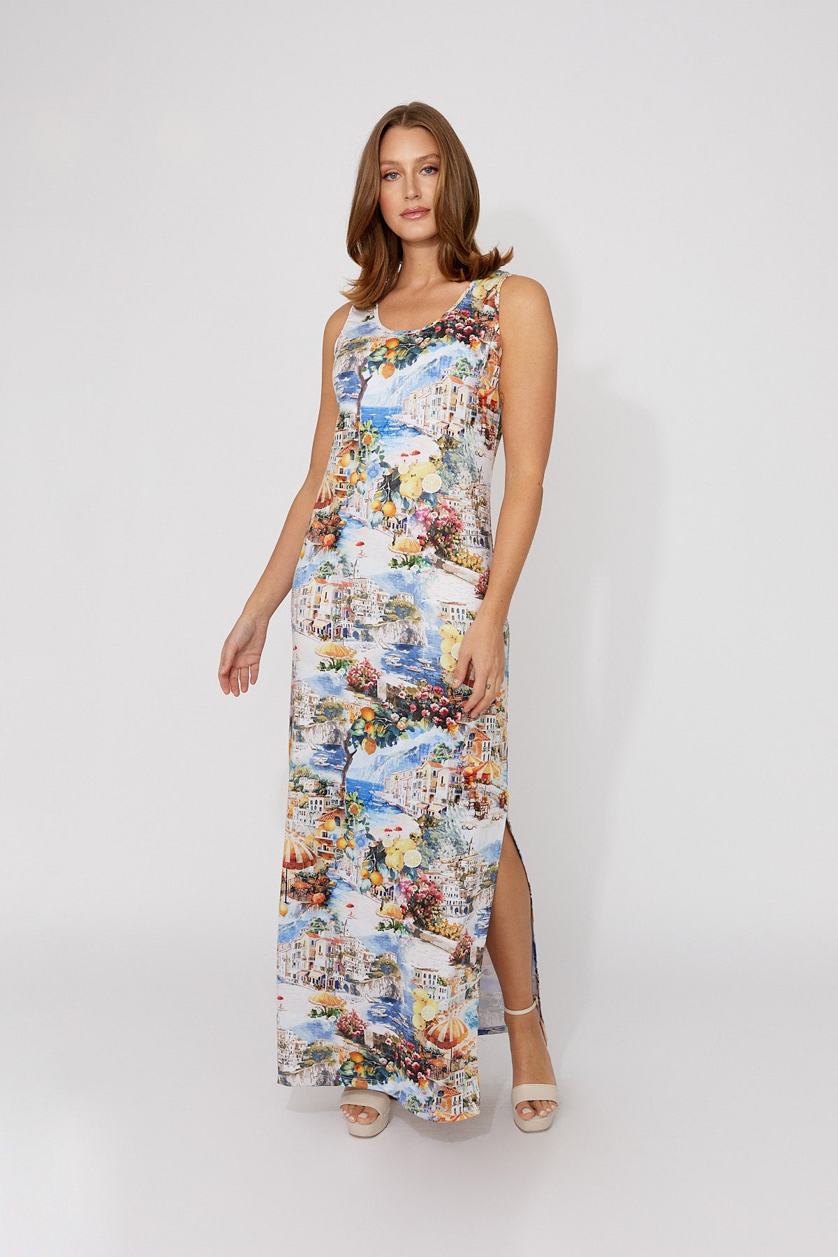 Greek Island Print Sleeveless Dress. Style FL266128