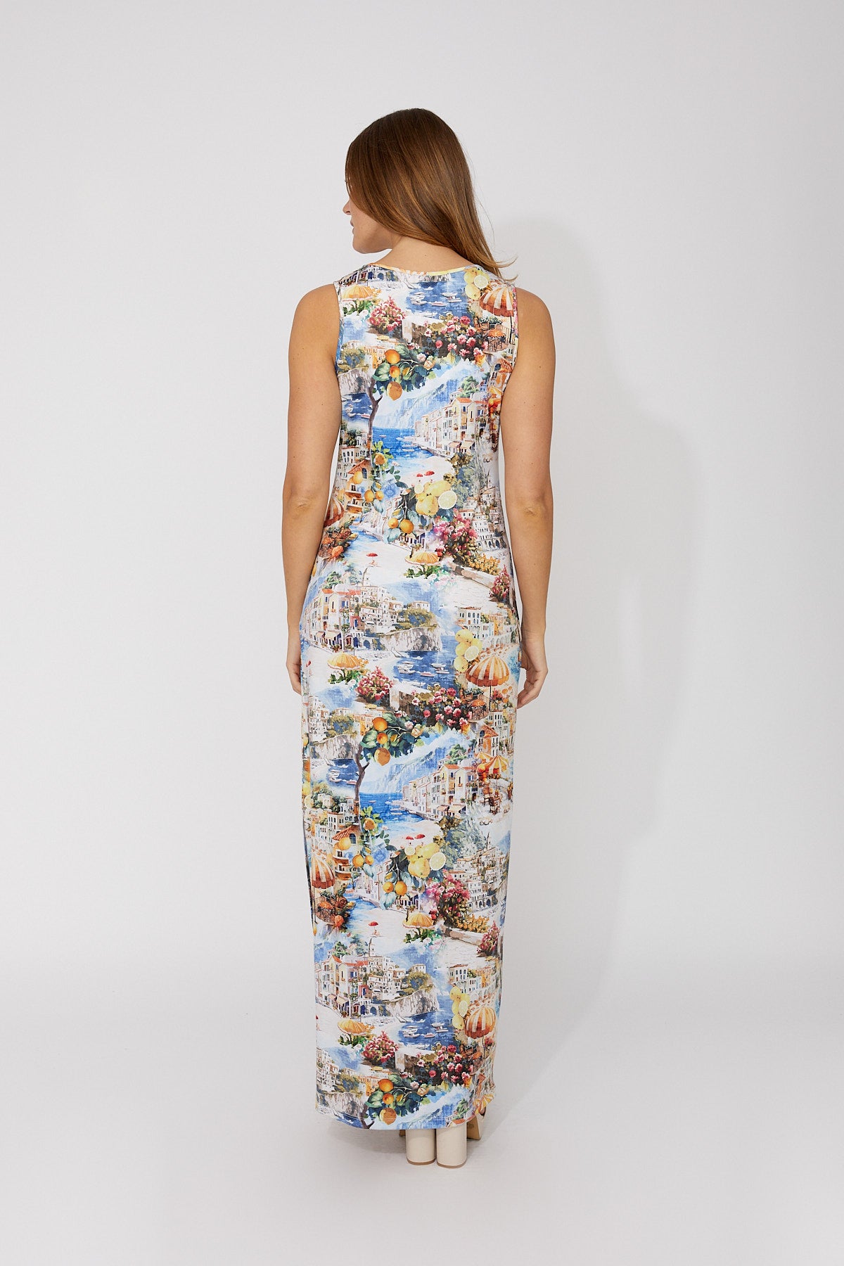 Greek Island Print Sleeveless Dress. Style FL266128