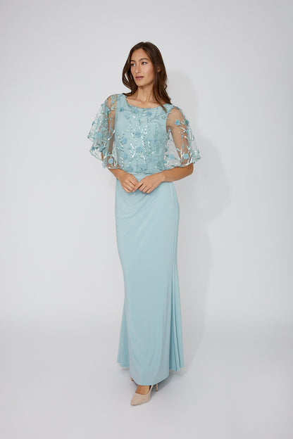 Mesh Sequin & Floral Details Cape Maxi Length Dress. Style FL268175