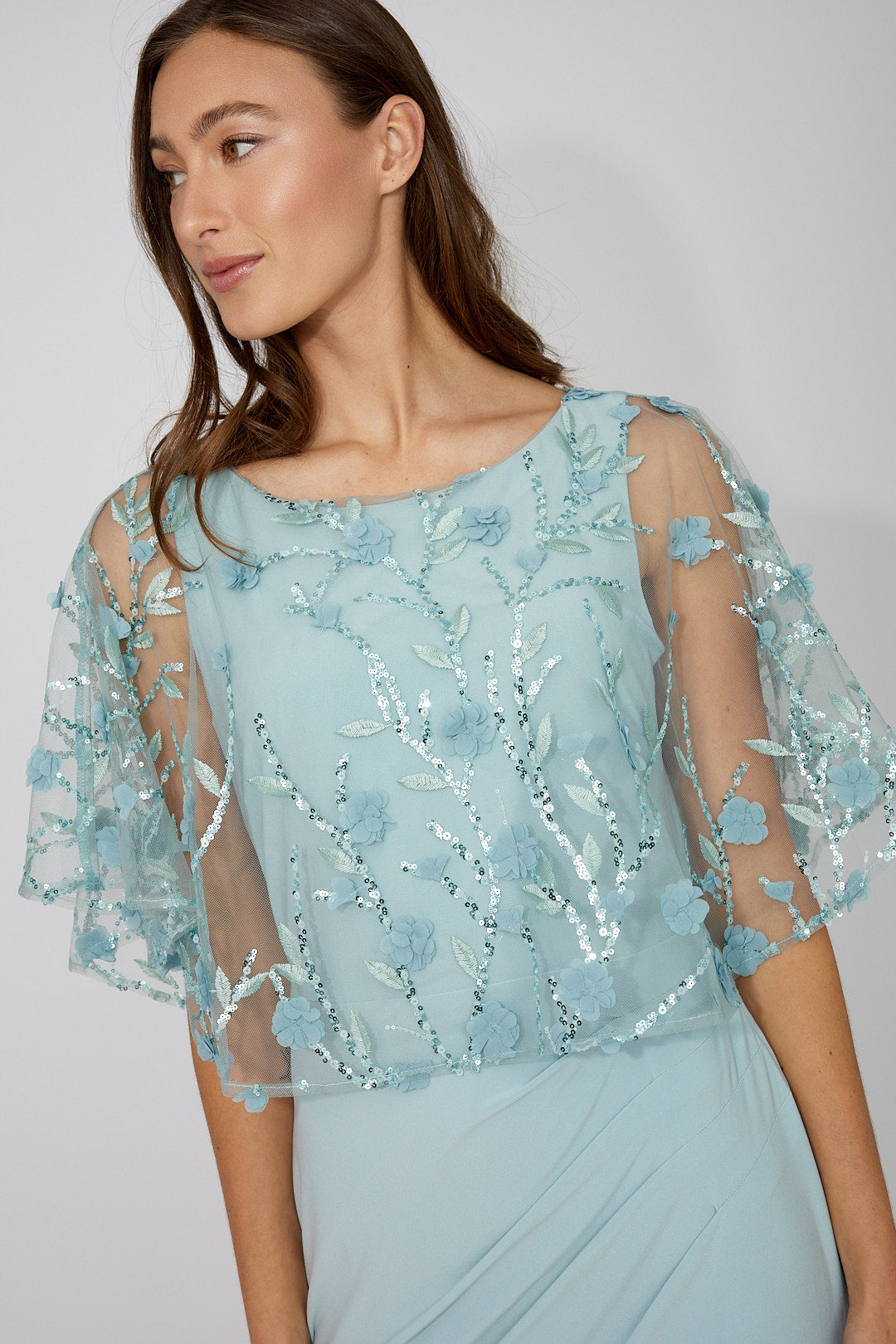Mesh Sequin & Floral Details Cape Maxi Length Dress. Style FL268175