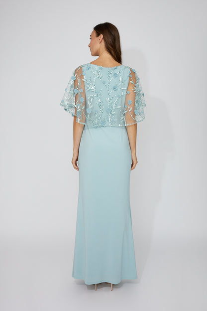 Mesh Sequin & Floral Details Cape Maxi Length Dress. Style FL268175