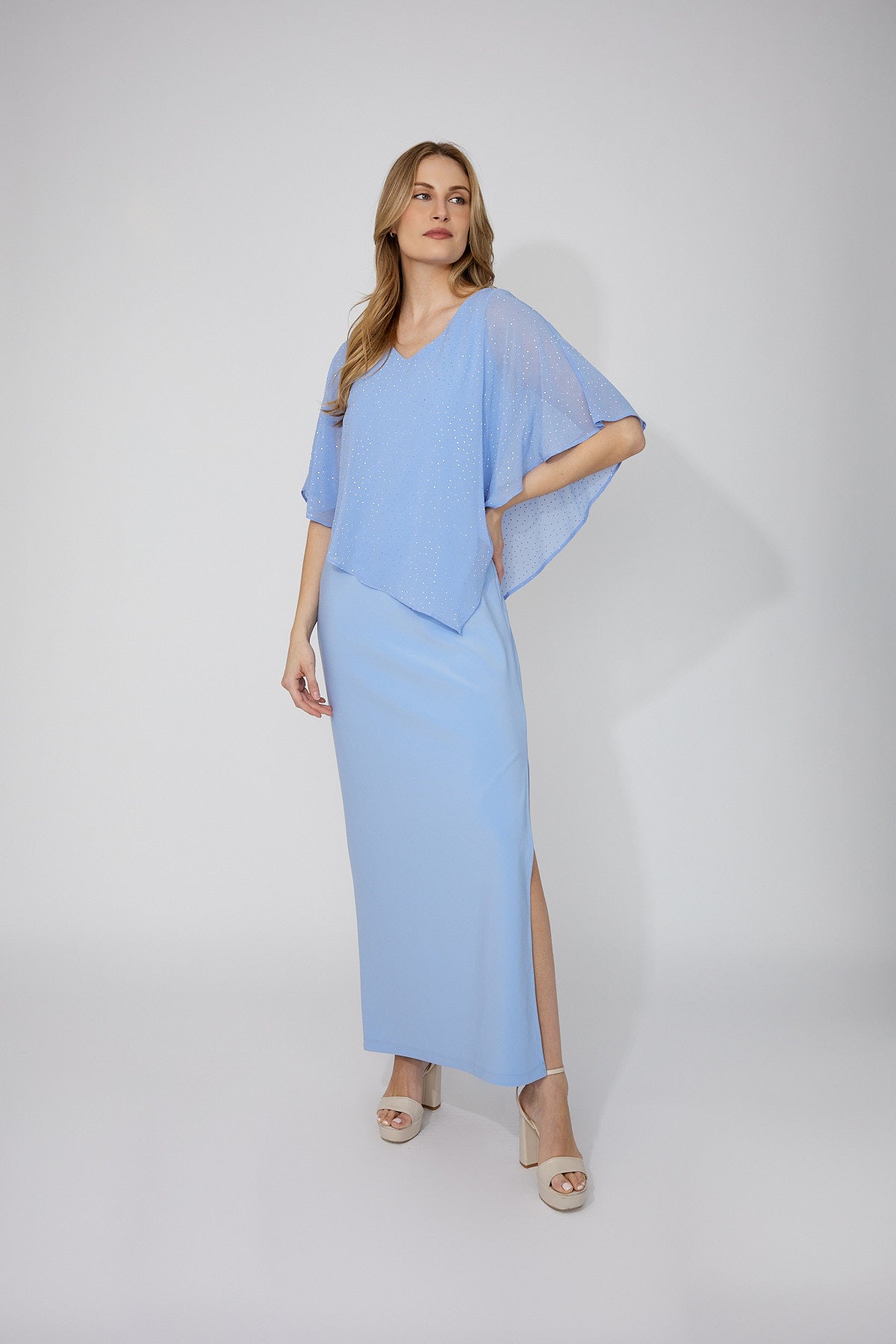 Rhinestone Embellished Cape Maxi Length Dress. Style FL268193