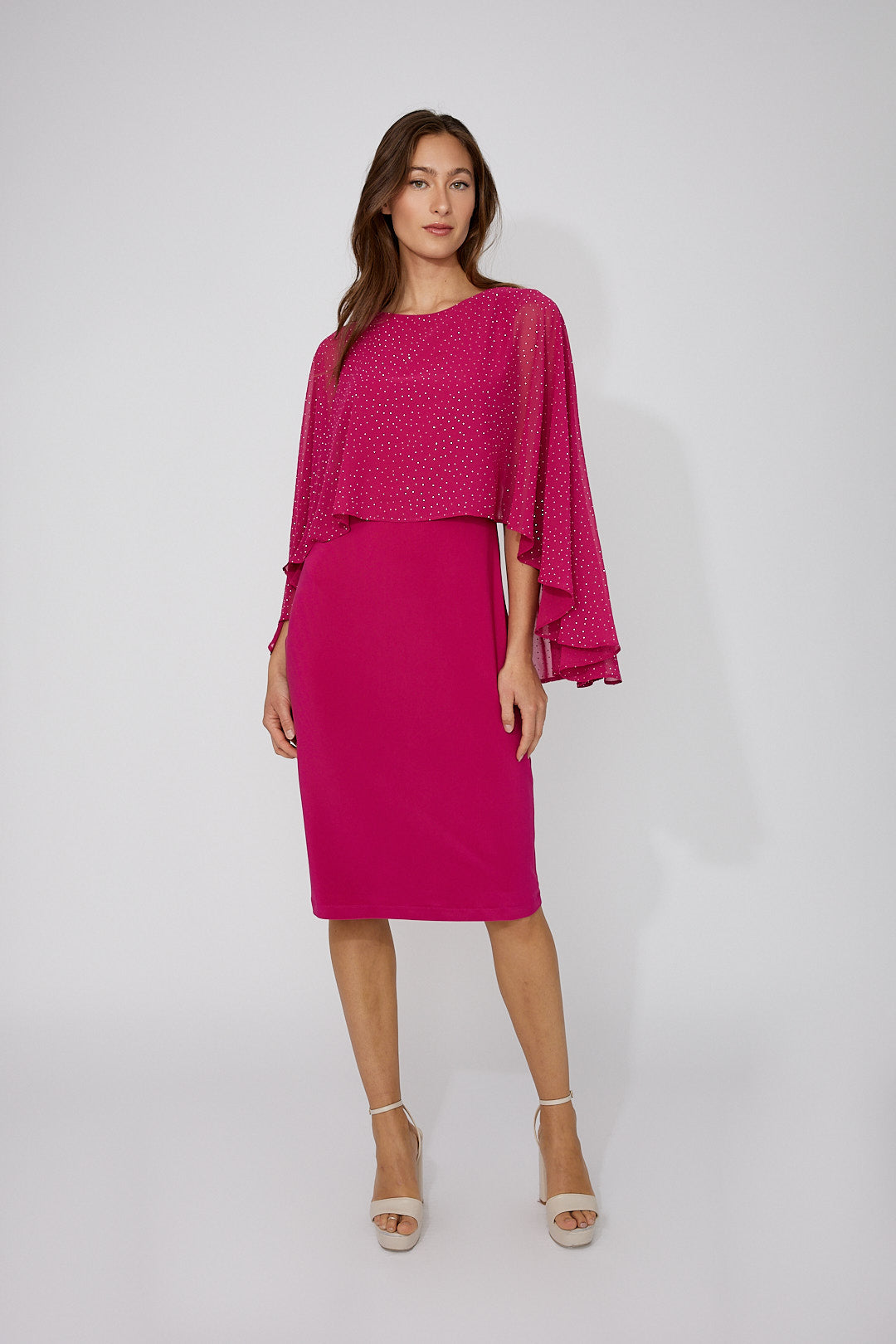 Chiffon Cape Jewel Embellishments Midi Length Dress. Style FL268195