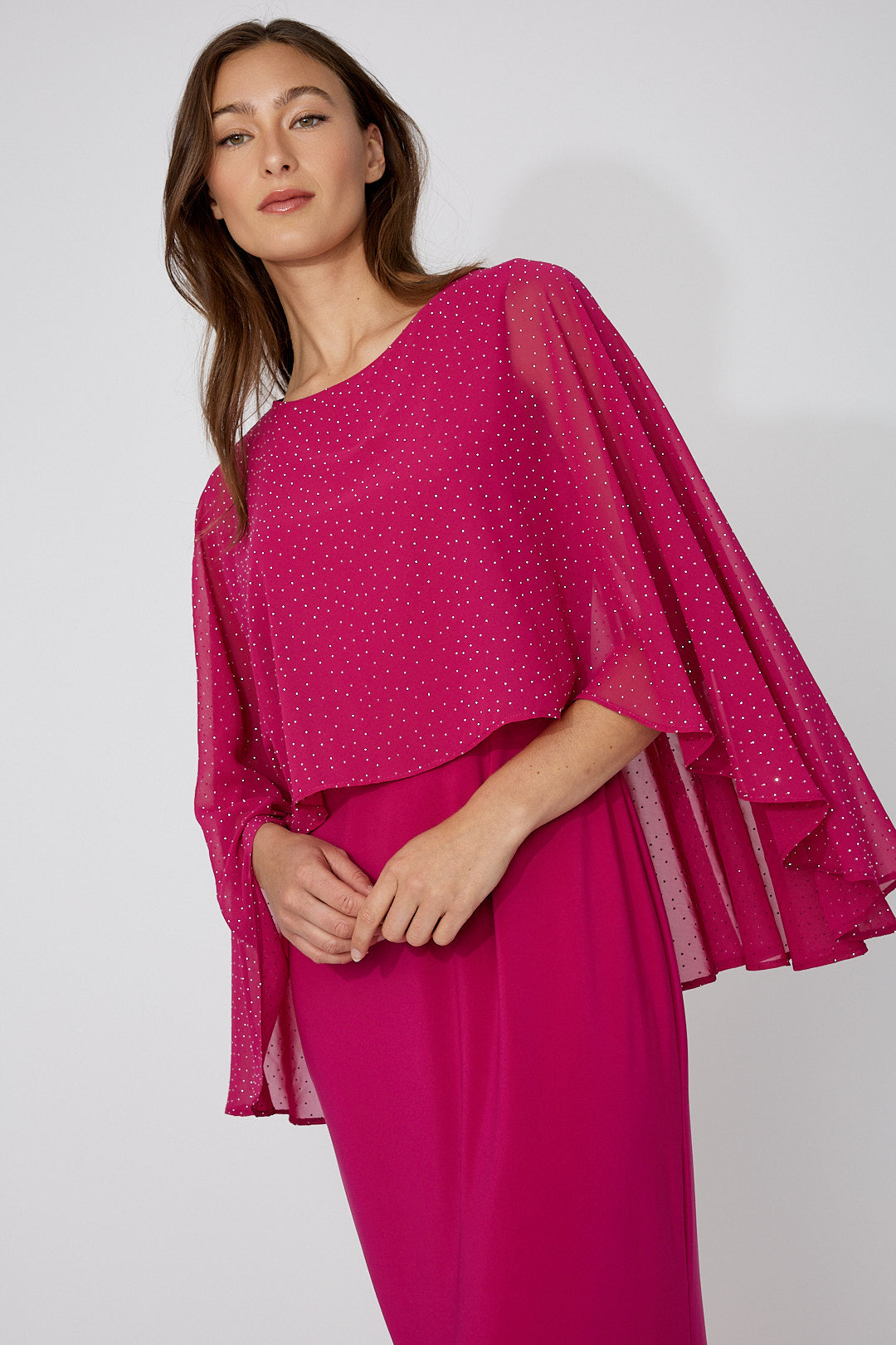 Chiffon Cape Jewel Embellishments Midi Length Dress. Style FL268195