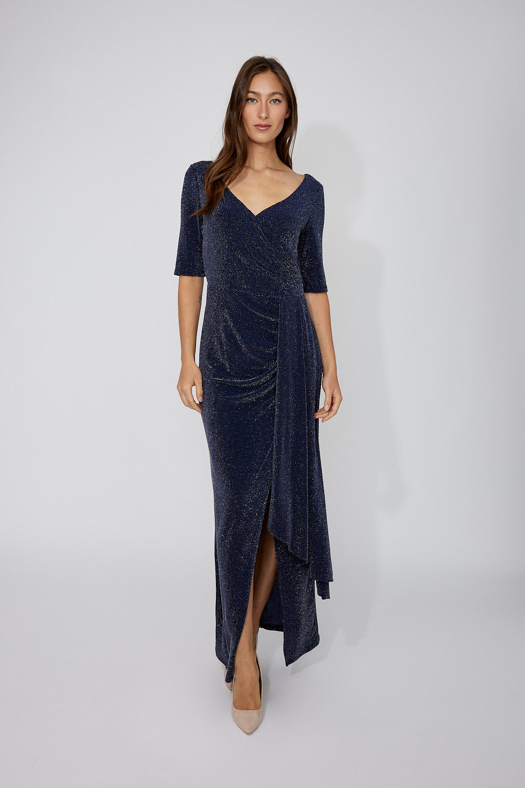 Draped Waist V-Neck Sparkle Maxi Dress. Style FL268225