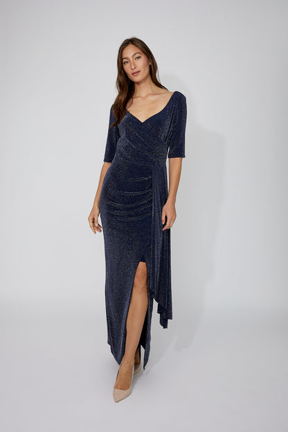Draped Waist V-Neck Sparkle Maxi Dress. Style FL268225