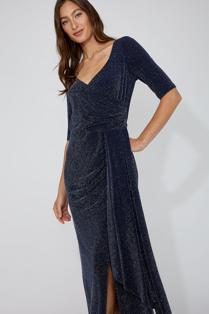 Draped Waist V-Neck Sparkle Maxi Dress. Style FL268225