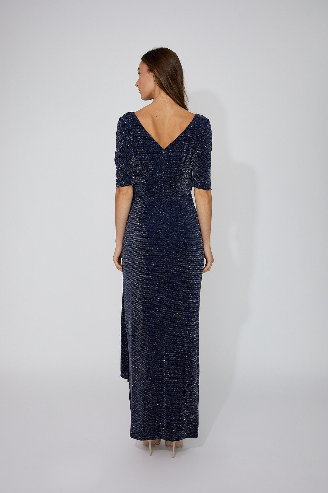 Draped Waist V-Neck Sparkle Maxi Dress. Style FL268225