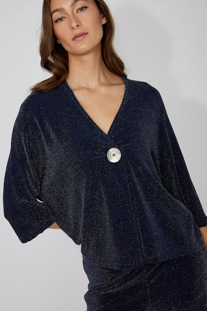 Glitter V-Neck 3/4 Sleeve Raglan Top. Style FL268226