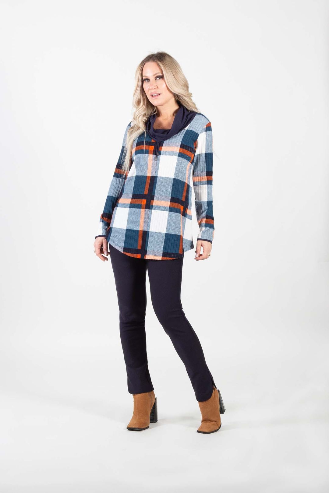 Rib Knit Cowl Neck Plaid Top. Style PE285-4534