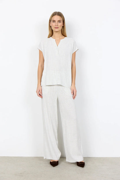 Notched V-Neck Vertical Stripes Short Sleeve Top. Style SOYA41585