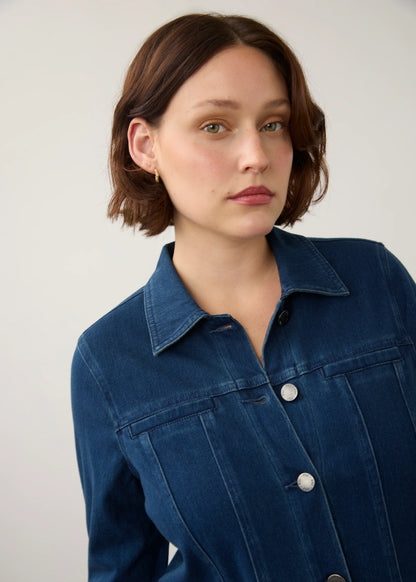 Long Button Front Structured Seams Denim Jacket. Style FD1825131