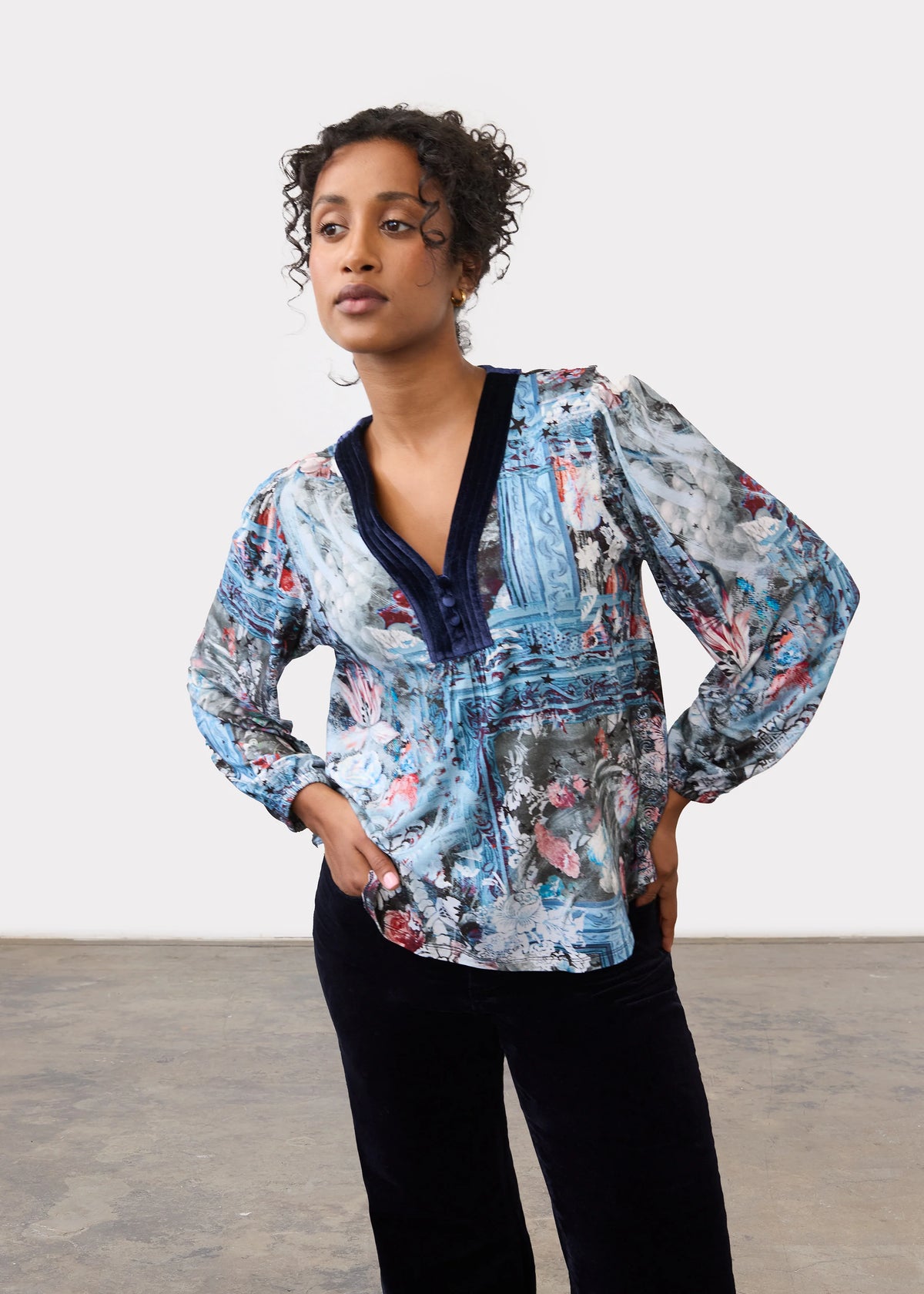 Long Sleeve V-Neckline Velvet Detail Top. Style FD3875153