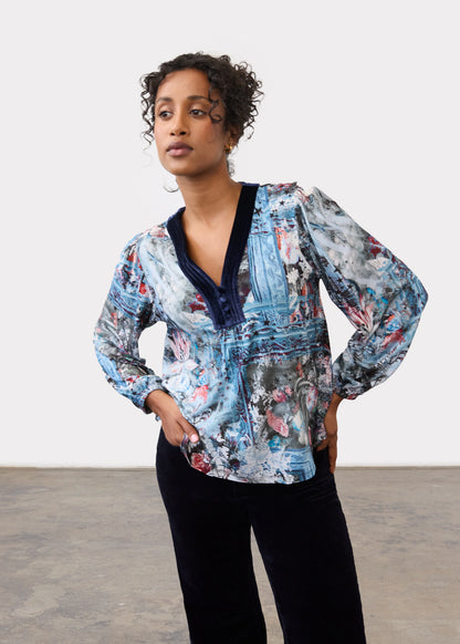 Long Sleeve V-Neckline Velvet Detail Top. Style FD3875153