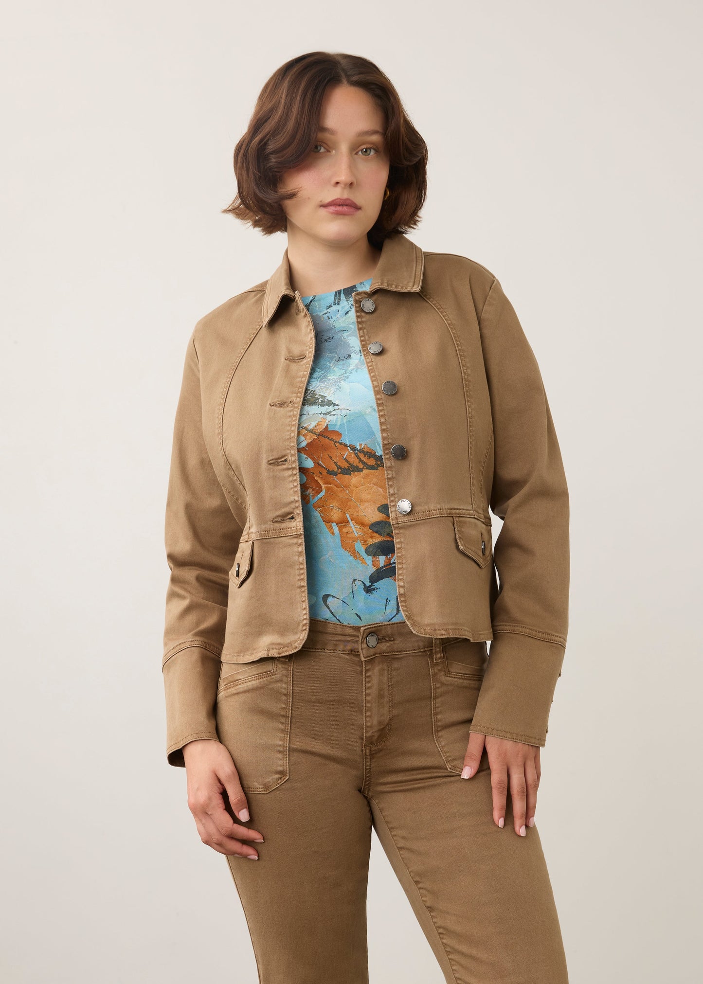 Button Front Contoured Waist Utility Jacket. Style FD10022511