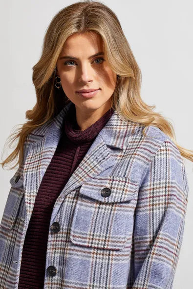 Long Plaid Shacket in Teakwood, Red Plum or Blue Lake. Style TR7183O-4466