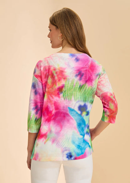 Blurred Floral Print Drop Shoulder 3/4 Sleeve Top. Style FD3741451