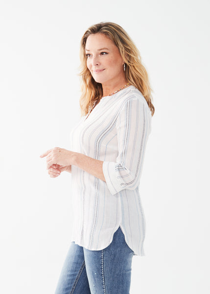 Embroidered Striped Notch Neck Tunic. Style FD7303887