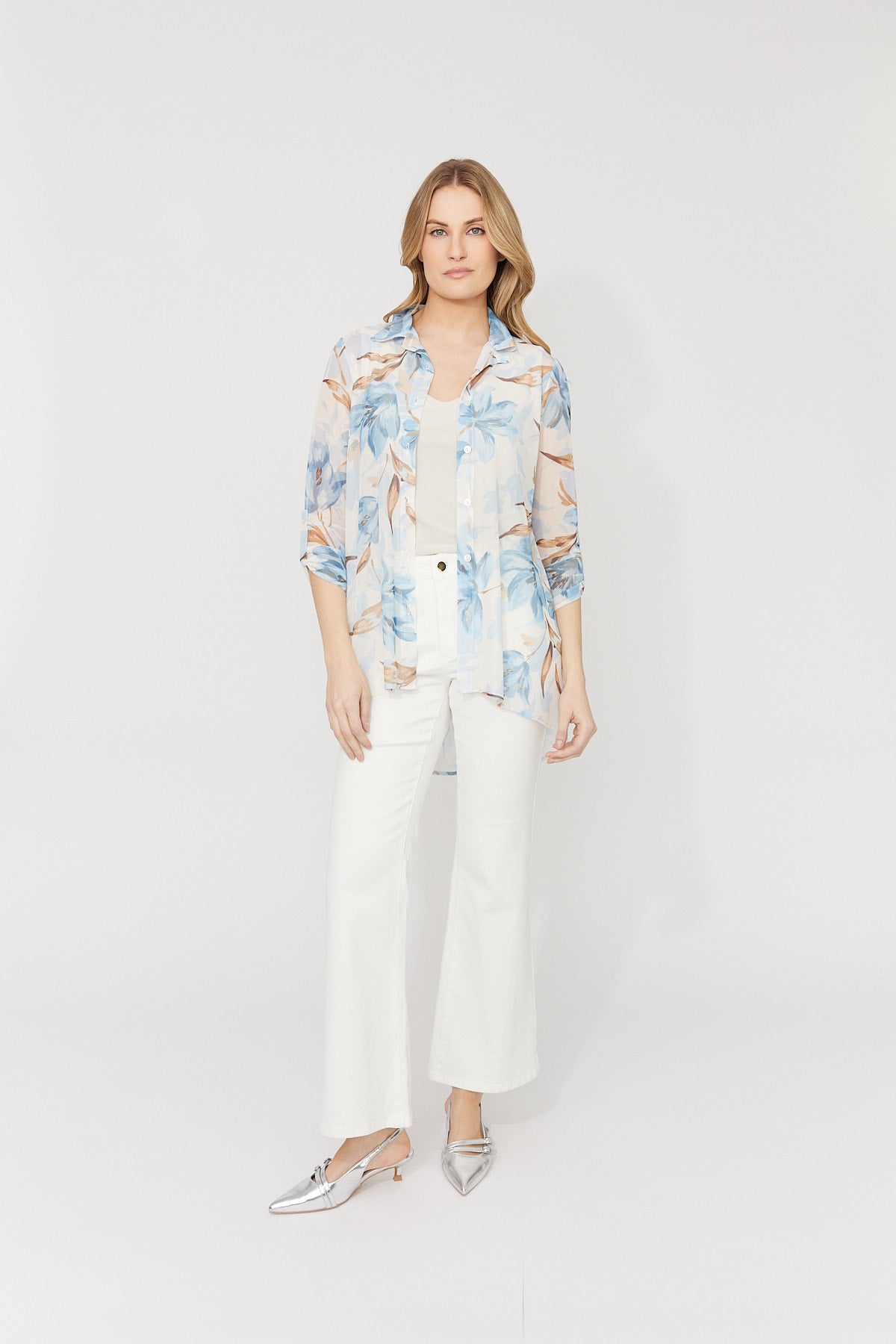 See-Through Mesh Floral Print Button Up Blouse. Style FL261284