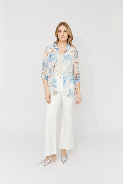 See-Through Mesh Floral Print Button Up Blouse. Style FL261284
