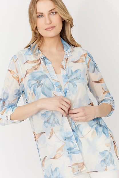 See-Through Mesh Floral Print Button Up Blouse. Style FL261284