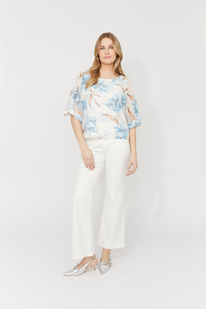 Mesh Overlayer Floral Print Boxy Top. Style FL261287