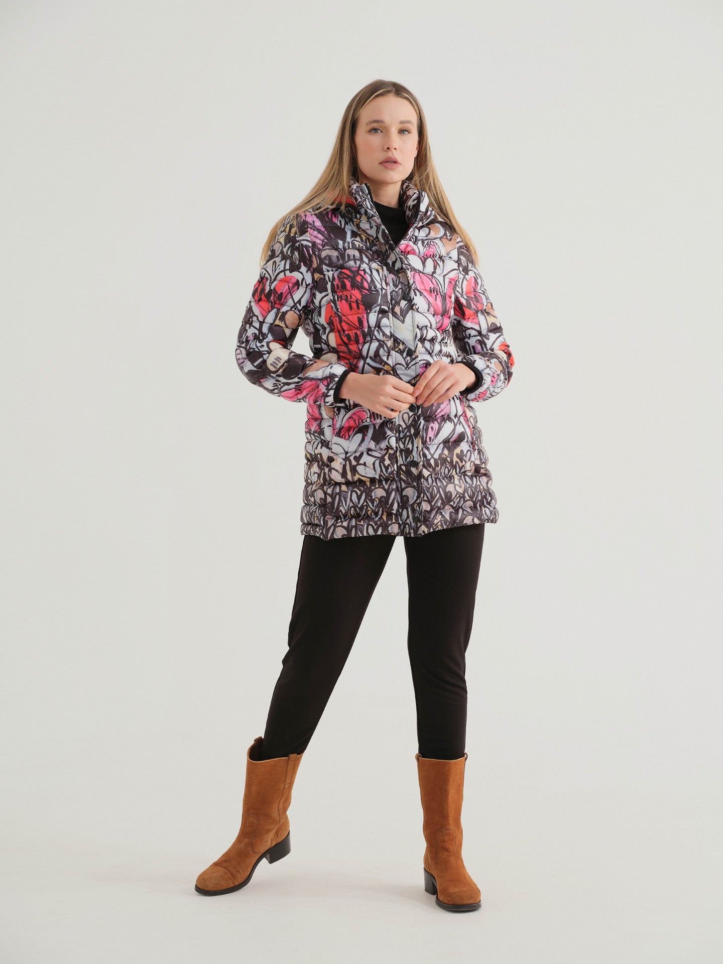 "Watermelon Heart" Artist Print Mid Length Puffer Outerwear. Style DOLC74850