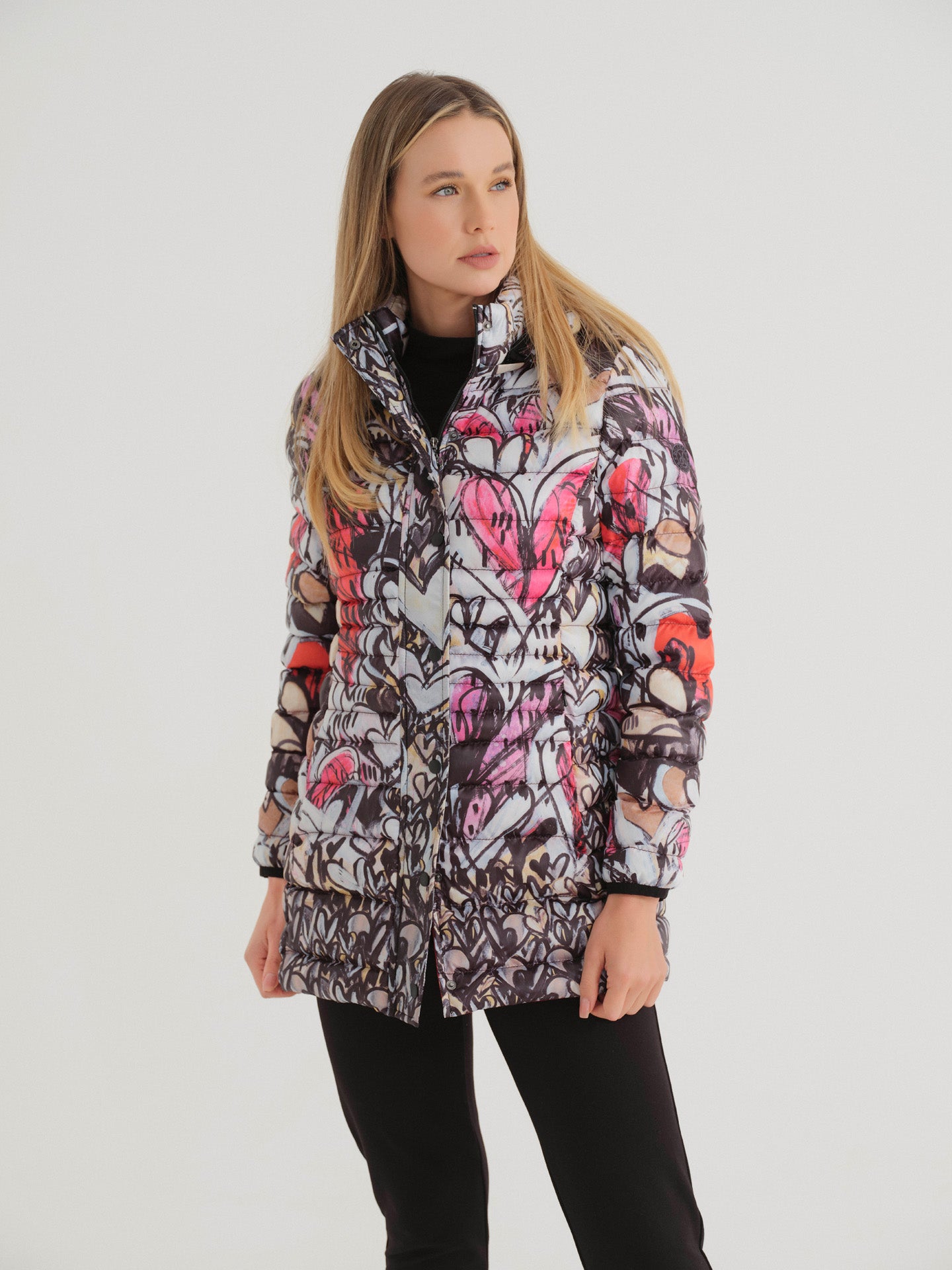 "Watermelon Heart" Artist Print Mid Length Puffer Outerwear. Style DOLC74850