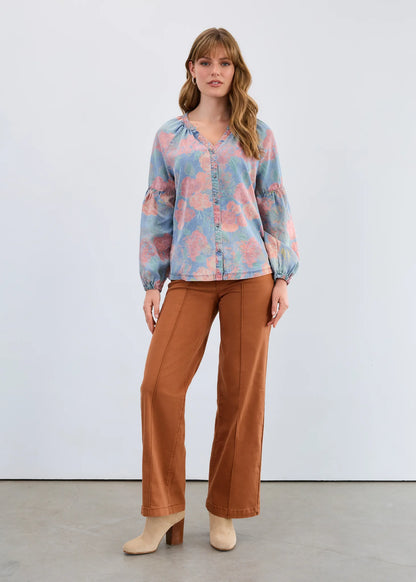 Floral Print Faded Denim Wash Top. Style Style FD7674846