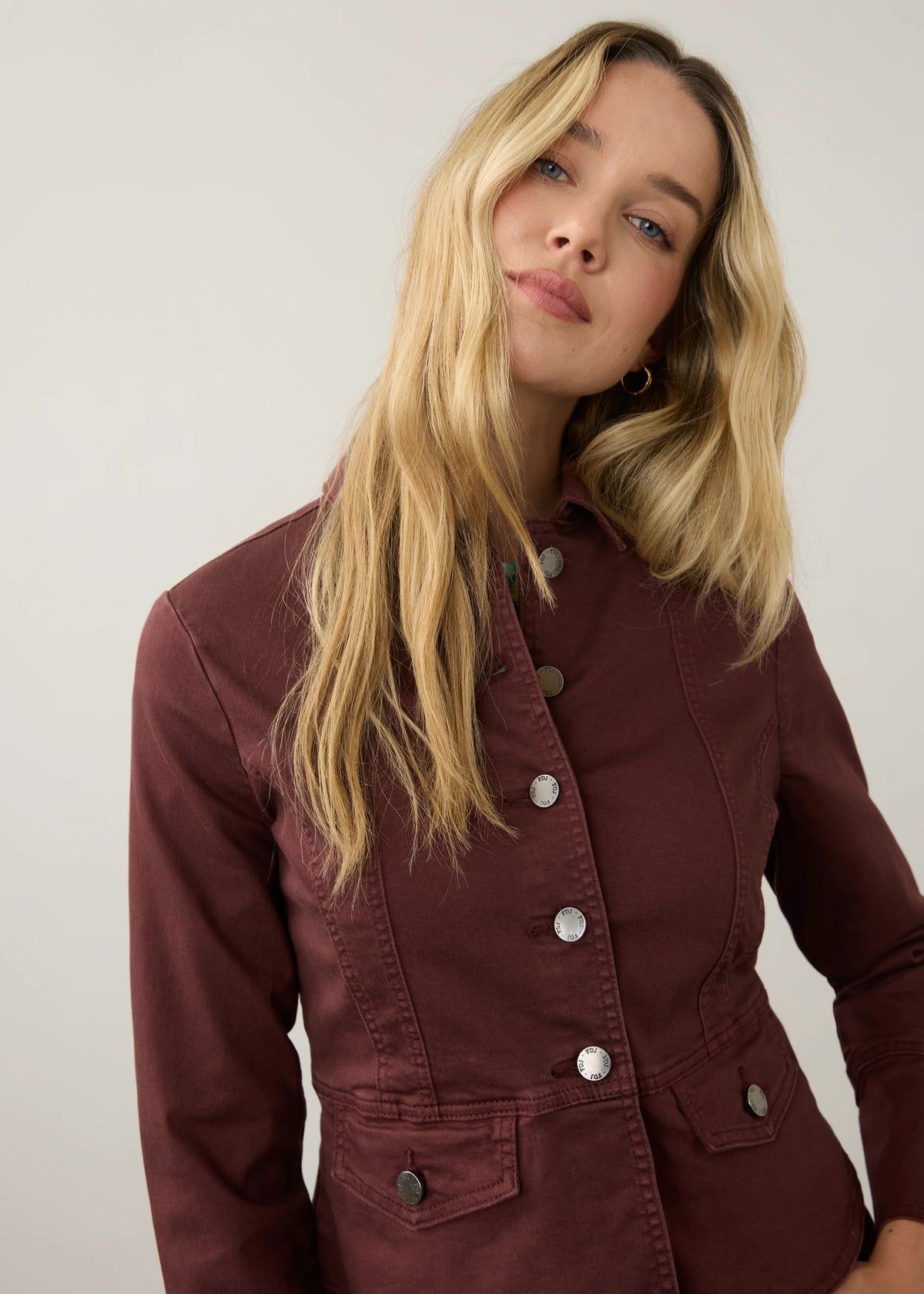 Button Front Contoured Waist Utility Jacket. Style FD10022511