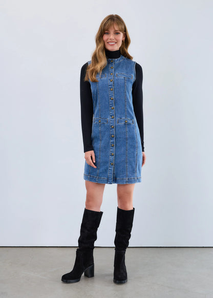 Long Button Front Denim Vest Dress. Style FD7731809