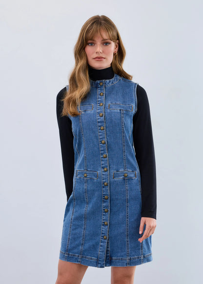 Long Button Front Denim Vest Dress. Style FD7731809