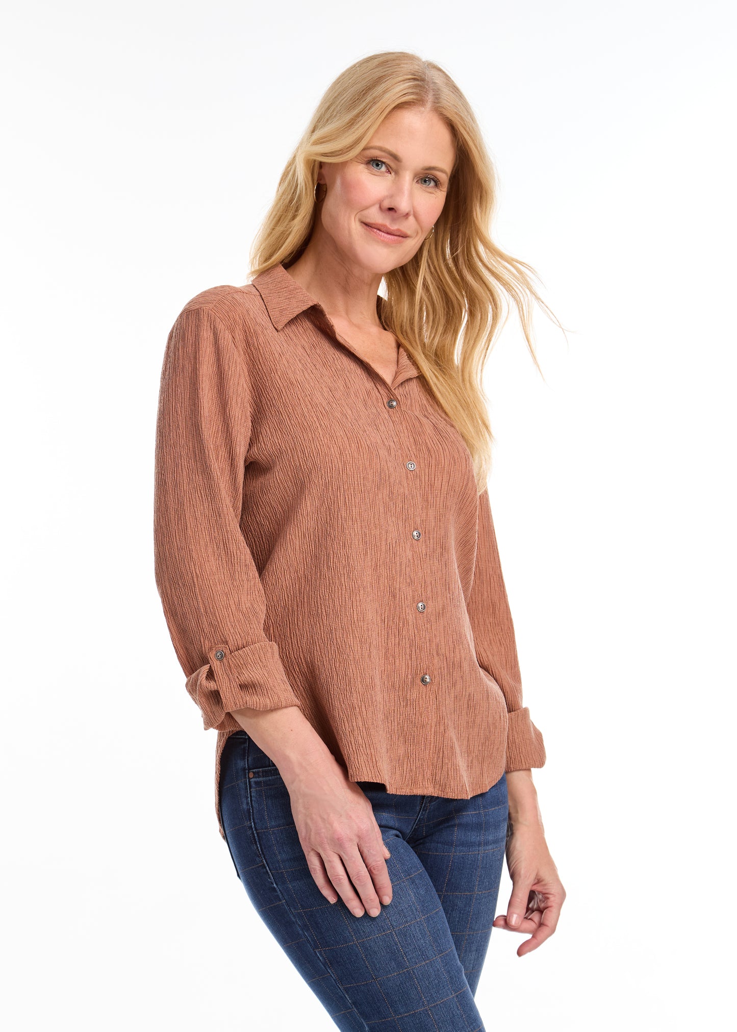 Textured Crinkle Button Front Top. Style FD7800294