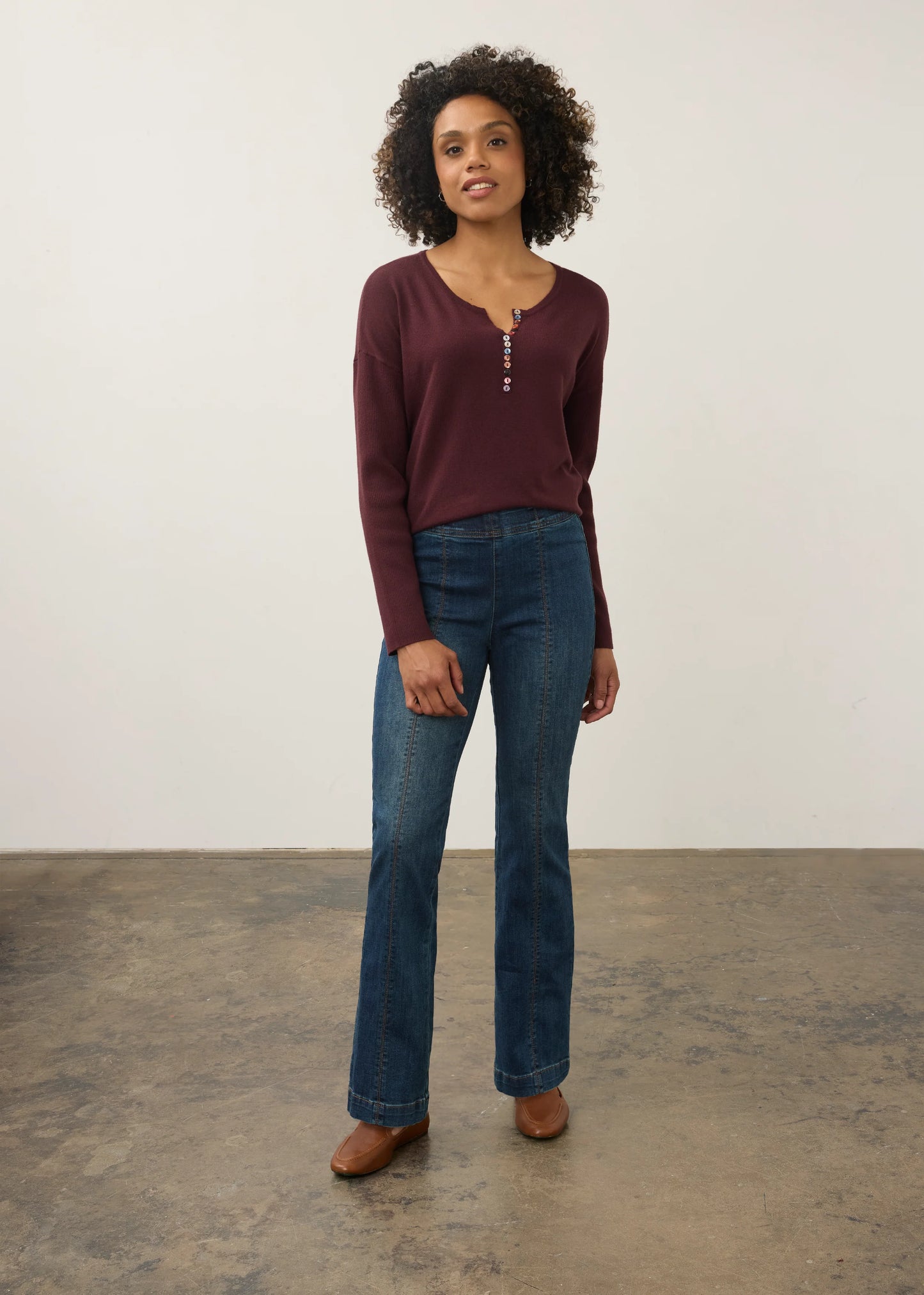 Notch Neck Statement Buttons Ribbed Sleeve Sweater. Style FD1056212