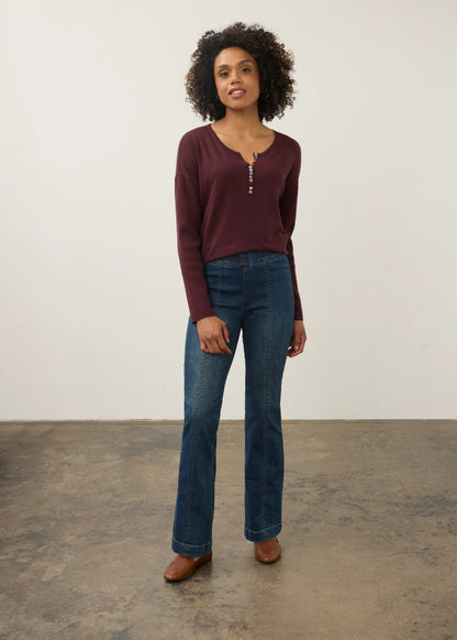 Notch Neck Statement Buttons Ribbed Sleeve Sweater. Style FD1056212