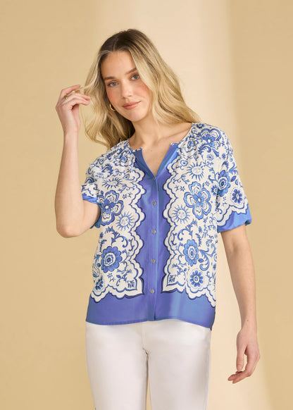 Sun & Flower Print Button Front Short Elastic Cuff Sleeves Top. Style FD7706397