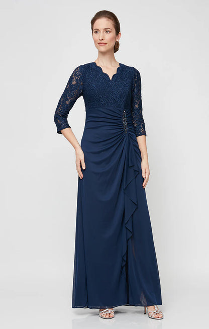 Empire Waist Lace & Mesh Dress with Surplice Neckline. Style ALE81122469