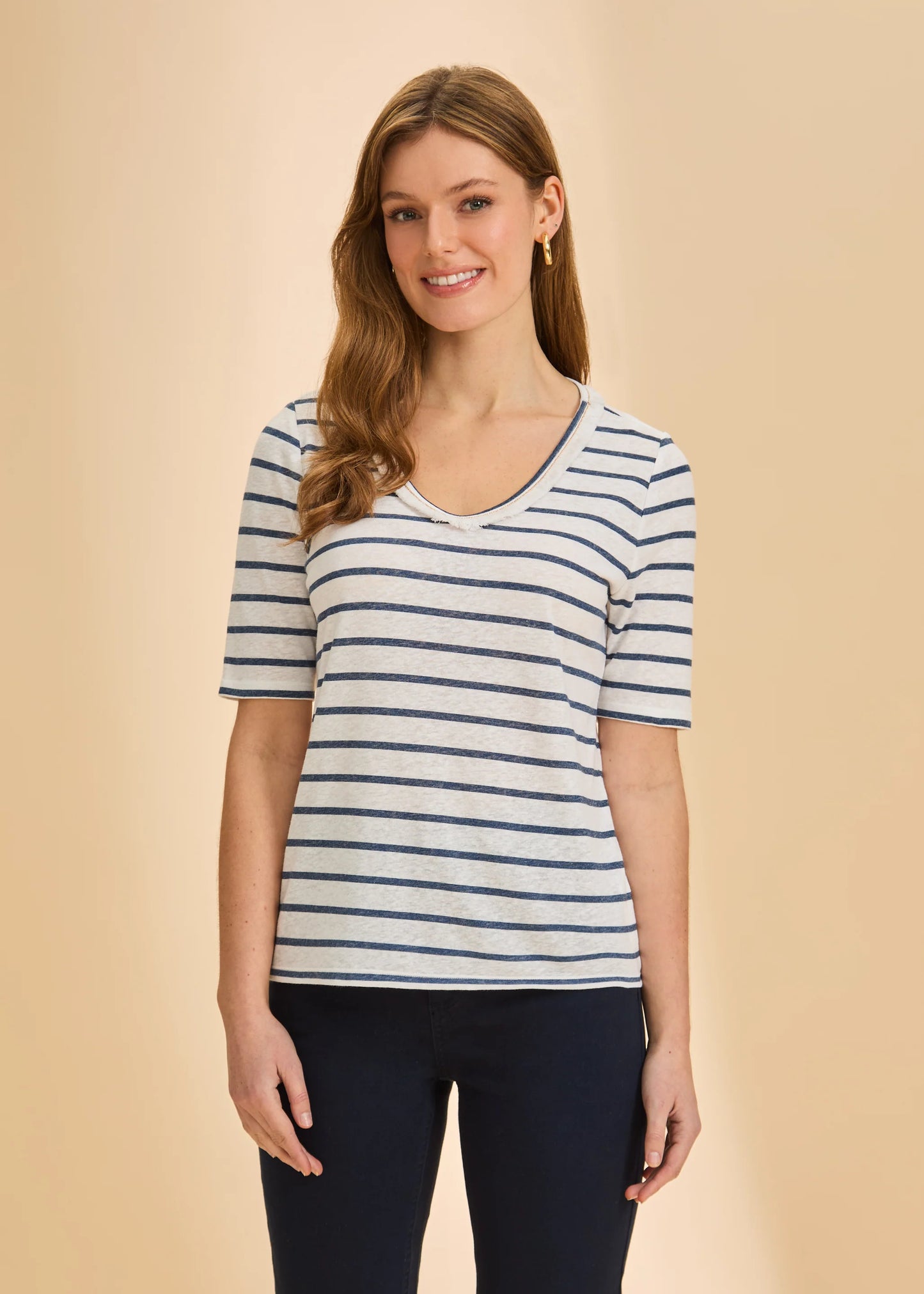 Fringed V-Neck Short Sleeve Striped Top. Style FD3641788