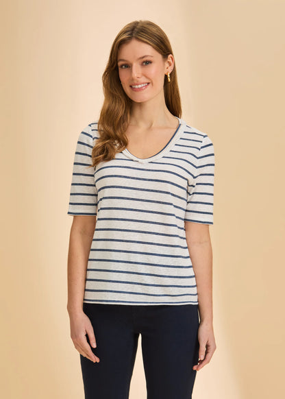 Fringed V-Neck Short Sleeve Striped Top. Style FD3641788