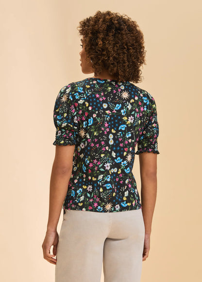Floral Print Short Puff Shirred Cuff Sleeve Top. Style FD3325476
