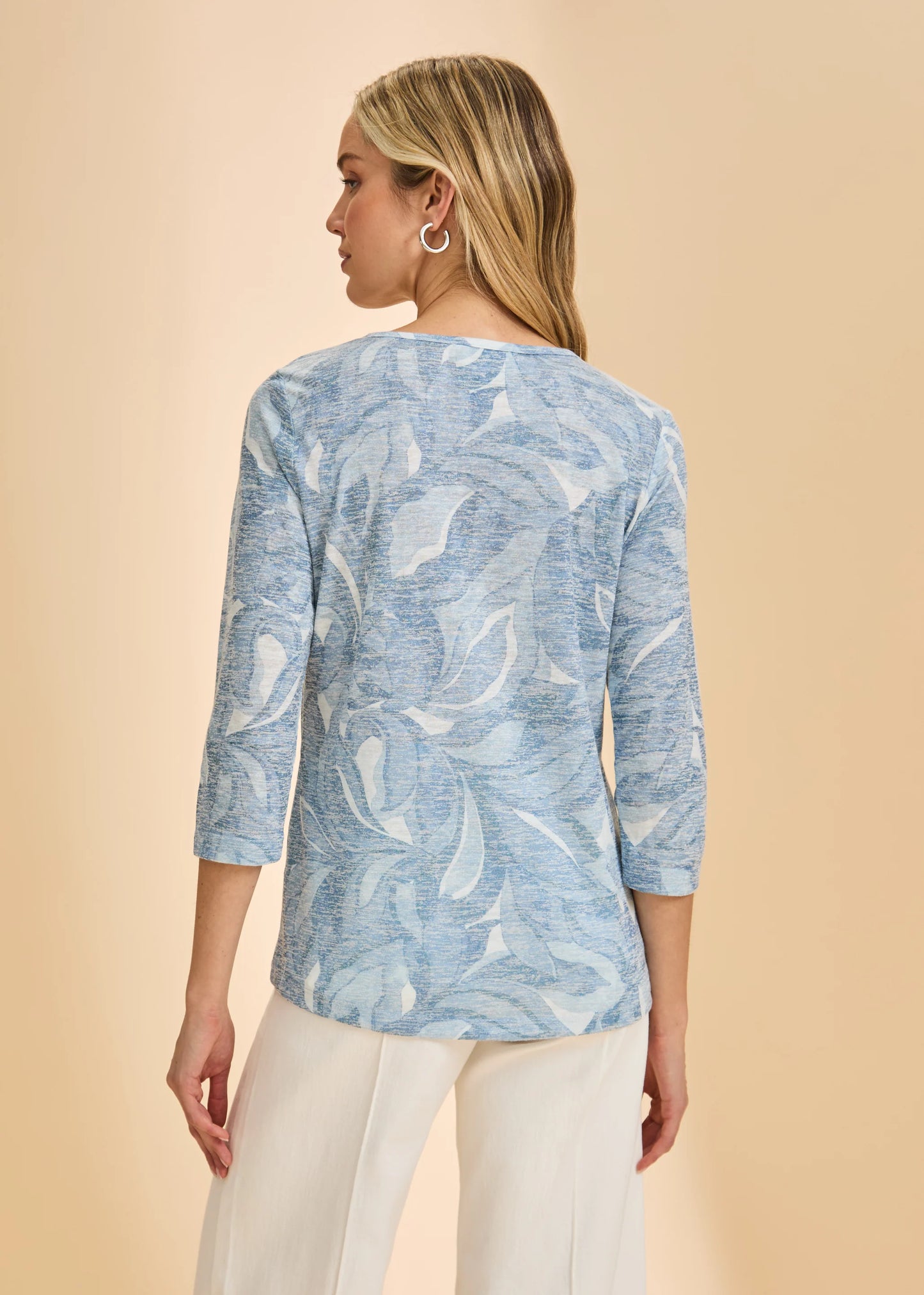 Henley V-Neck 3/4 Sleeve Abstract Print Top. Style FD3110435