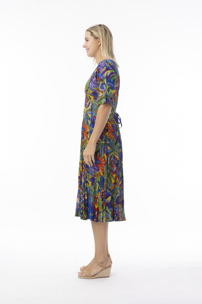 Fit & Flare Back Tie Short Sleeve Tropical Print Dress. Style ORI81-360