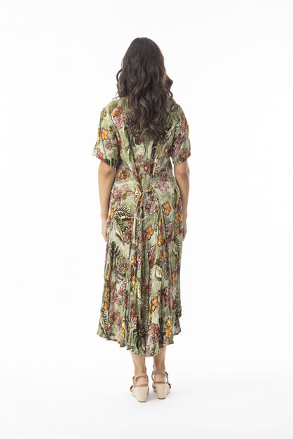 Fit & Flare Back Tie Short Sleeve Tropical Print Dress. Style ORI20-109