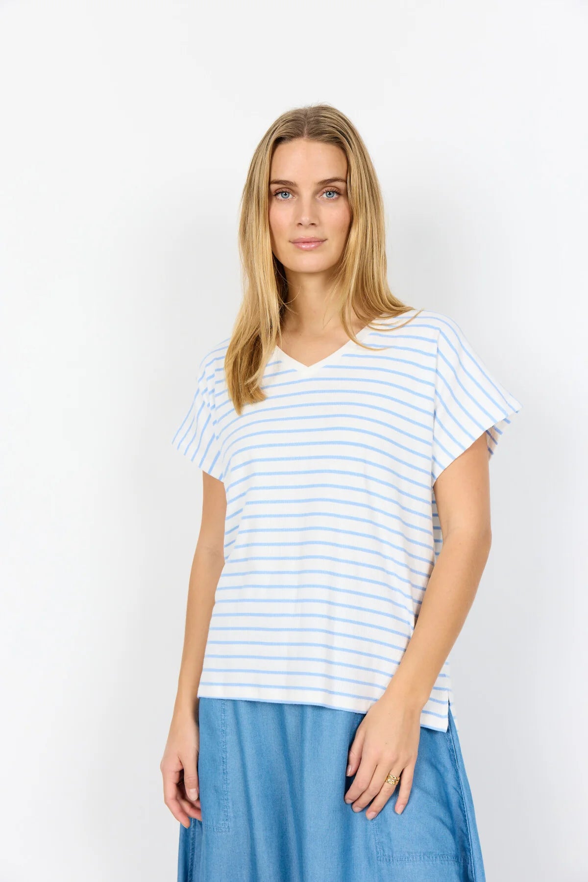 Striped Ribbed V-Neck Short Sleeve Top. Style SOYA27514